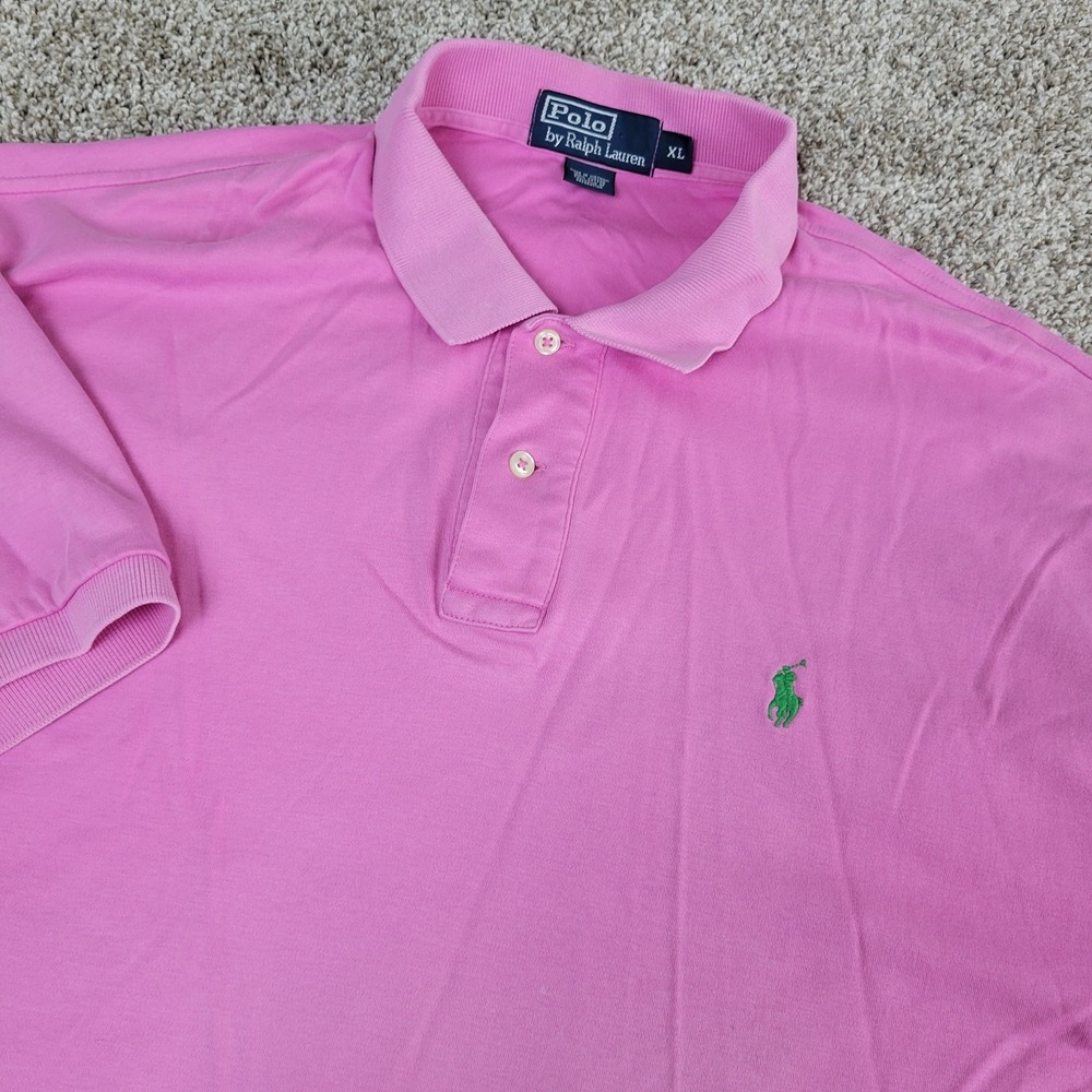 Vintage Polo Ralph Lauren Mens XL‎ Solid Pink Green Pony Stretch Knit SS